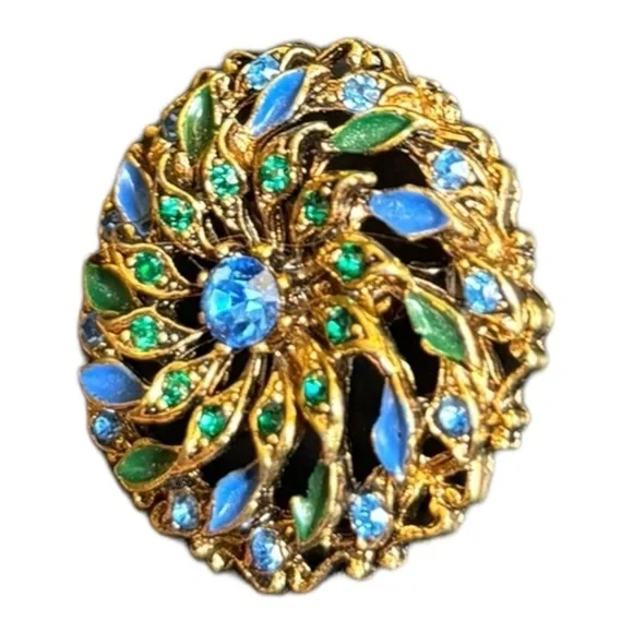 Vintage 12 Karat Gold Emerald and Sapphire Domed Brooch 1 x 1 Flower Brooch